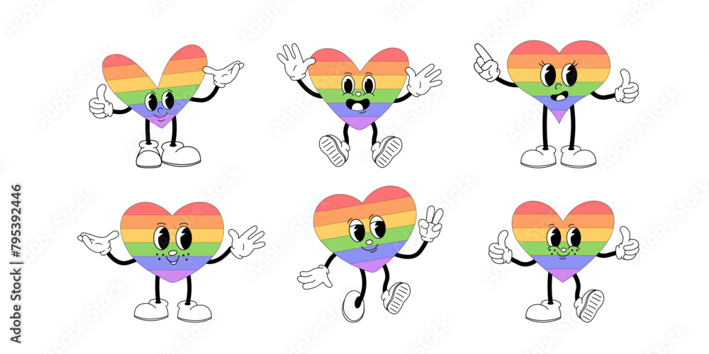Obraz premium Set with groovy lgbt heart characters isolated on white background. LGBT pride month