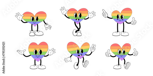 Set with groovy lgbt heart characters isolated on white background. LGBT pride month