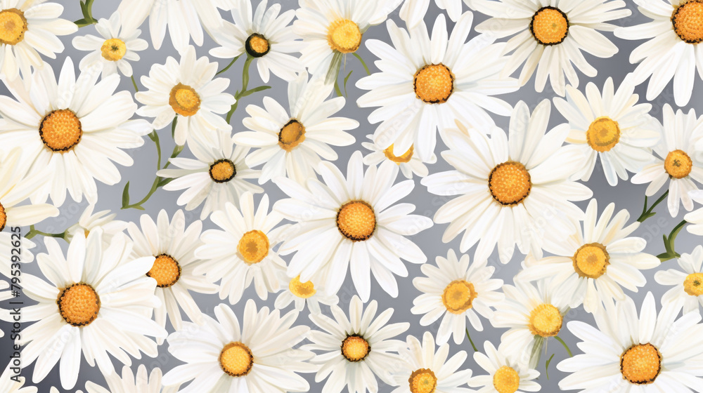 Daisies illuminated by soft studio lighting, creating a visually stunning and seamless 70s-inspired pattern with a touch of elegance.