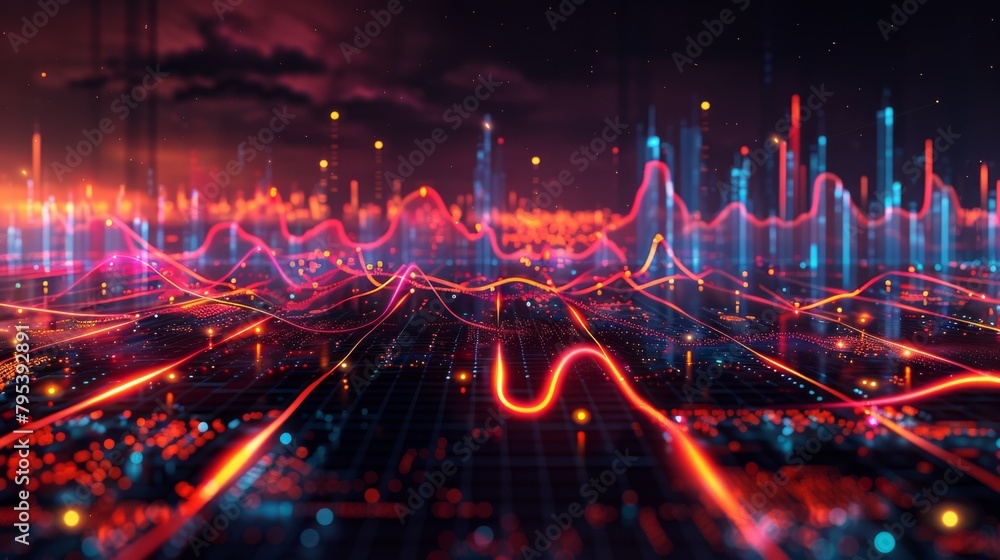 Fototapeta premium A digital landscape with a glowing red wave flowing through it.