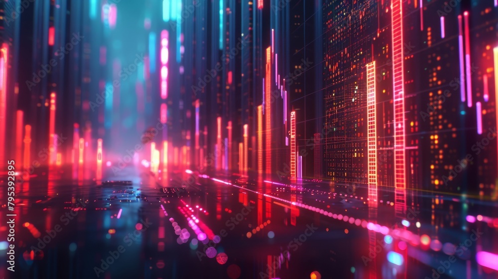 A digital landscape with a glowing grid of red and blue lines. A digital landscape with a glowing grid of red and blue lines.