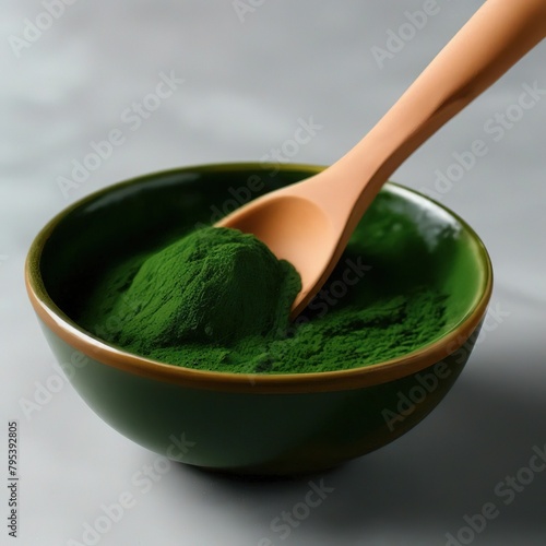 chlorella powder in a bowl with a spoon. superfood. photo