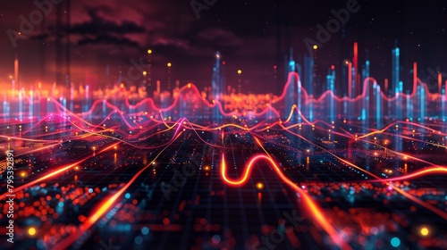 A digital landscape with a glowing red wave flowing through it.