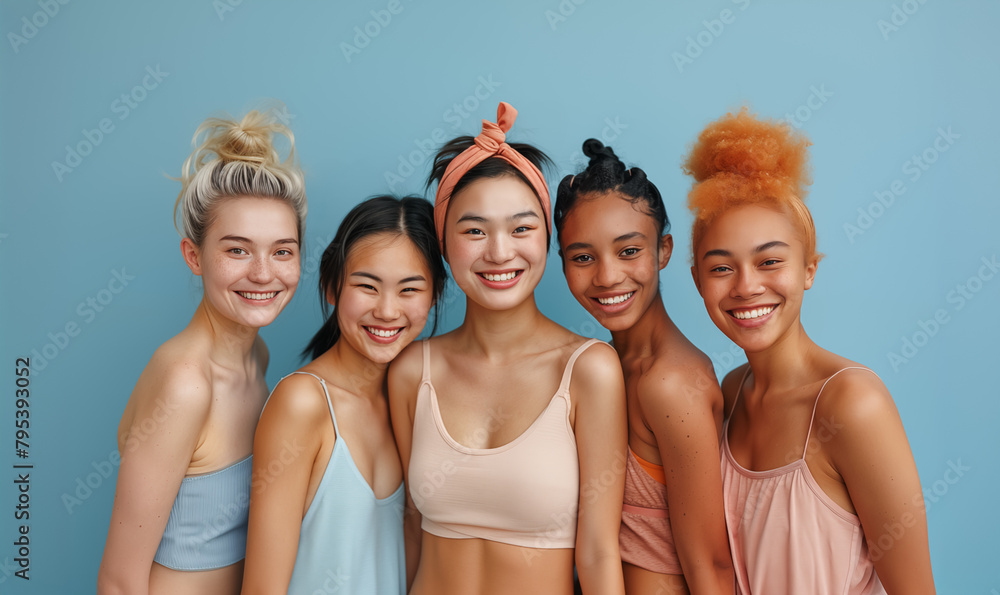 Group of beautiful diverse women in the studio. Portrait of smiling young mixed race women. Fashion and style concept.
