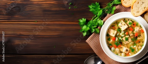 Bowl of soup with bread and parsley