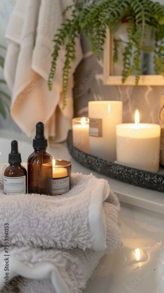 Serene spa ambiance: candles, essential oils, fluffy towels, promoting relaxation and self-care. Serene spa ambiance: candles, essential oils, fluffy towels, promoting relaxation and self-care.
