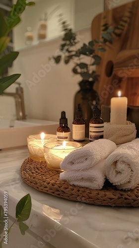 Serene spa ambiance  candles  essential oils  fluffy towels  promoting relaxation and self-care.