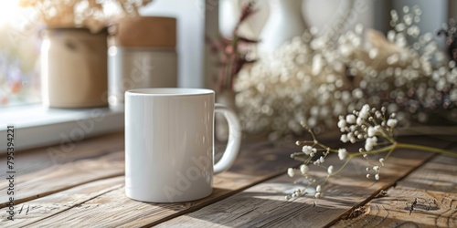 White coffee cup on wood table. © vadymstock