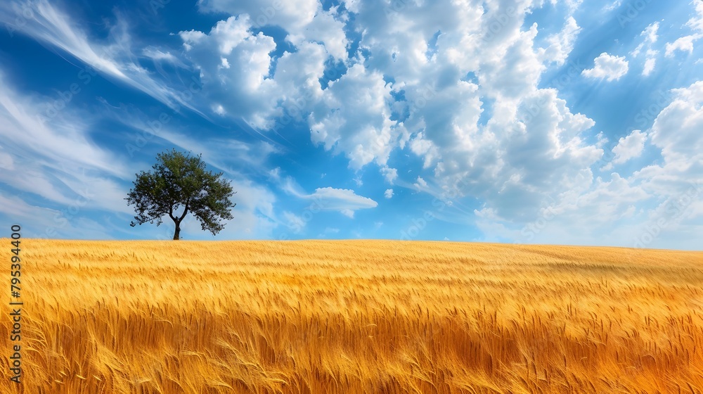 Golden Wheat Field Unfurling Beneath Gusts of Wind with Lone Tree
