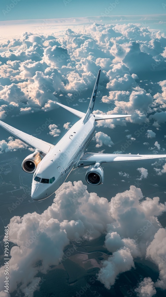 White passenger airplane soaring against stunning sky clouds. White passenger airplane soaring against stunning sky clouds.