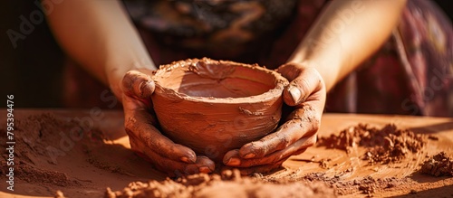 Person shaping a pottery bowl from clay photo