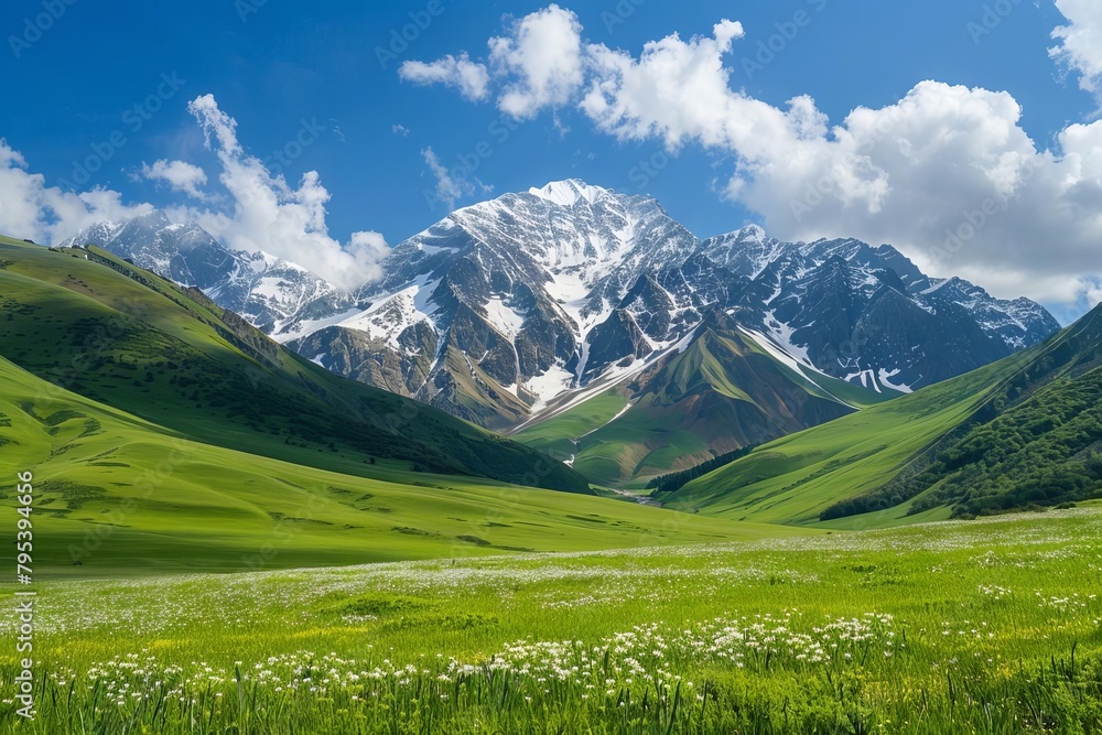 lush green meadows and snowy alpine peaks majestic mountain landscape