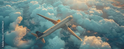White passenger airplane soaring against stunning sky clouds.