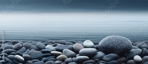 A beach scene with a prominent rock formation