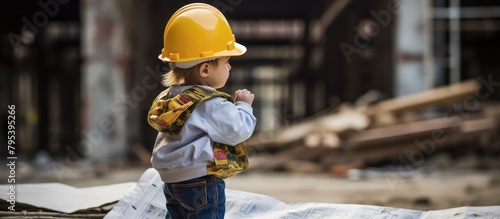 Toddler in construction helmet and backpack