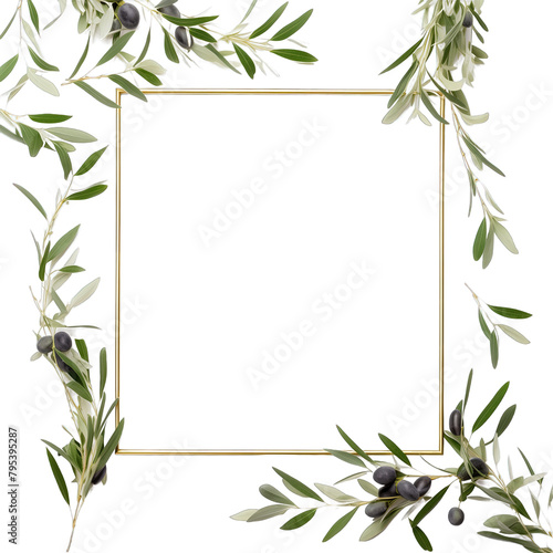 A photo of a frame of olive tree branches and leaves with copy space on a white background