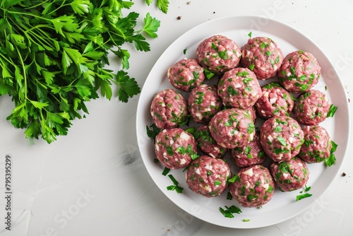 lamb koftas served in white plate on white background with parsley 