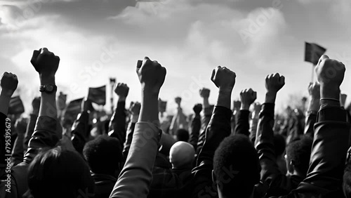 People raised fist up against, protest, war, struggle for democracy freedom. Group of protestors fists raised up in the air. Power of teamwork and Competition concept	
