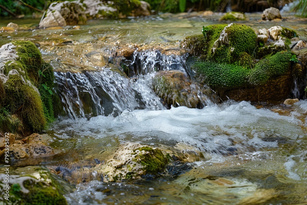 Crystal-clear water of a mountain stream flowing over mossy rocks Crystal-clear water of a mountain stream flowing over mossy rocks