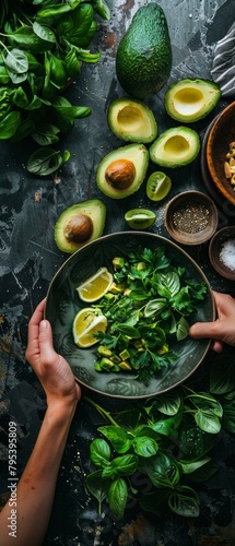 A person is holding a bowl of food with avocado and lime