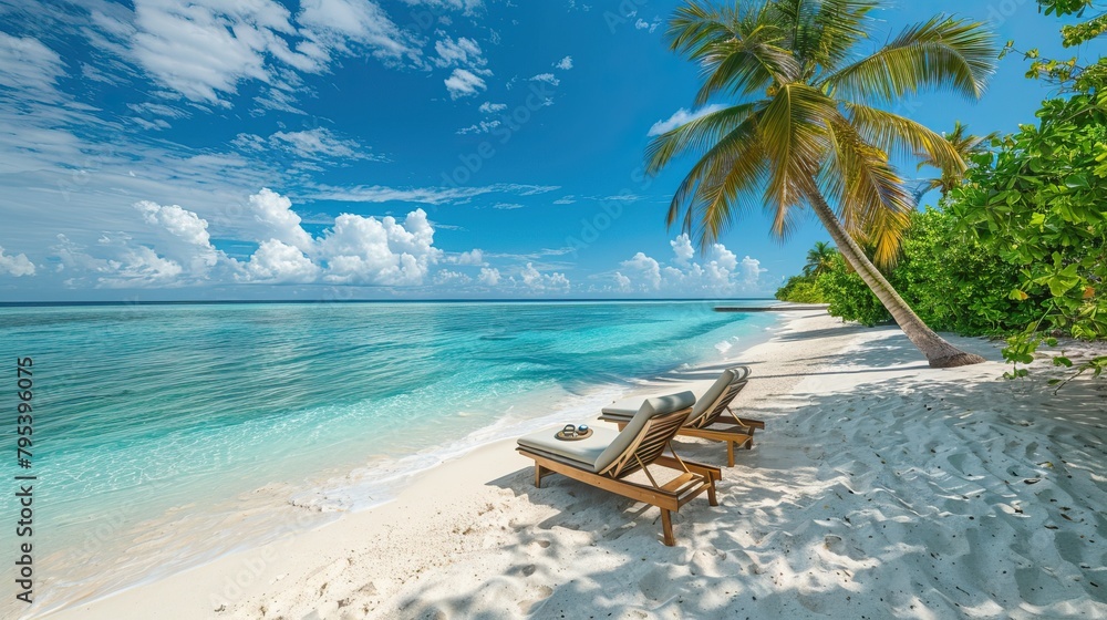 Luxurious tropical landscape. White sand with palm trees and azure sea. A heavenly place to relax. Beautiful exotic summer beach background for design.