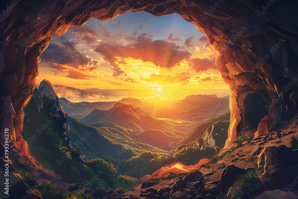 majestic cave entrance in mountain with stunning view of rolling hills at sunset digital painting