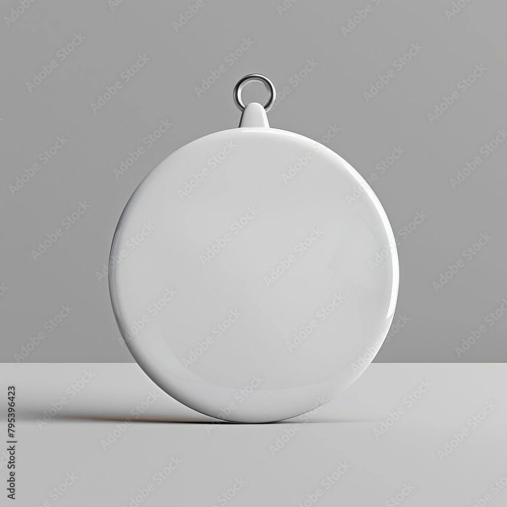A white circle with a metal loop at the top for hanging. A white circle with a metal loop at the top for hanging.