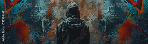 Someone is standing in front of a colorful wall with graffiti. Banner photo
