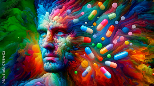 Surreal man s face surrounded by pills