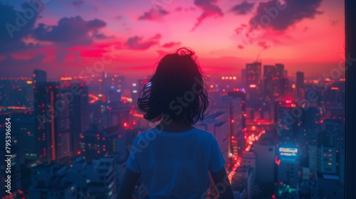 A girl standing on a rooftop overlooking a city at sunset. The sky is a vibrant mix of pink, orange, and yellow, and the city lights are twinkling in the distance. The girl is wearing a white shirt 