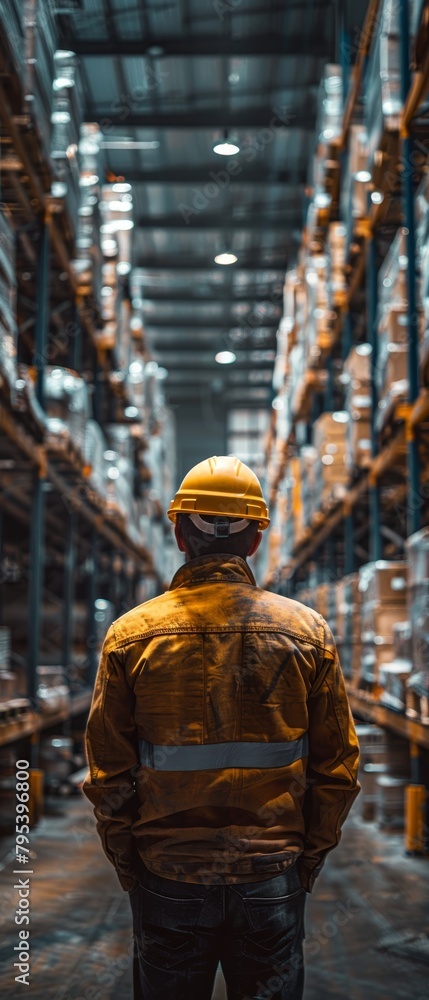Fototapeta premium A man in a yellow jacket stands in a warehouse