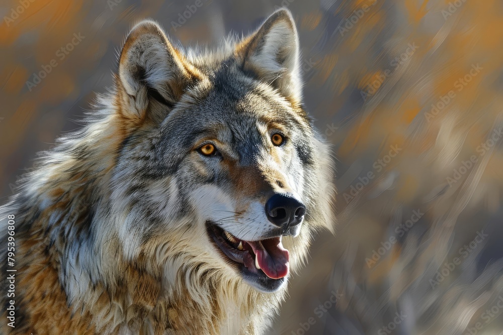 majestic gray wolf panting with tongue out realistic animal portrait majestic gray wolf panting with tongue out realistic animal portrait