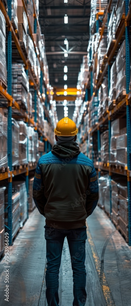 A man in a yellow helmet stands in a warehouse
