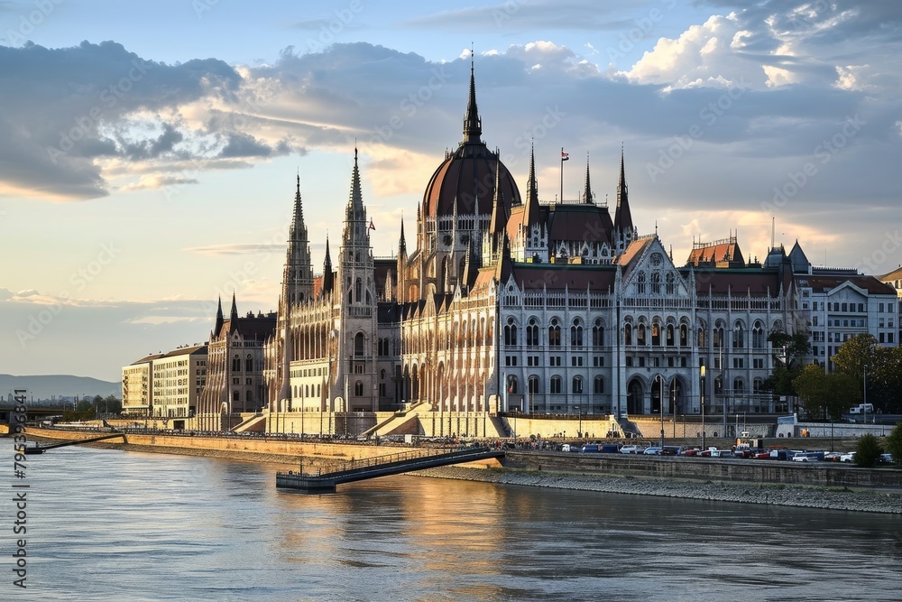 Fototapeta premium Budapest skyline with the strikingly beautiful Parliament building at Hungalian Parliament and Danube River, Budapest,, Ai generated