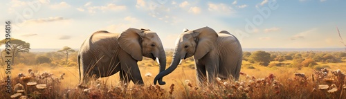 Two elephants displaying affectionate behavior, such as trunk intertwining, in a natural savannah setting, under a clear blue sky photo