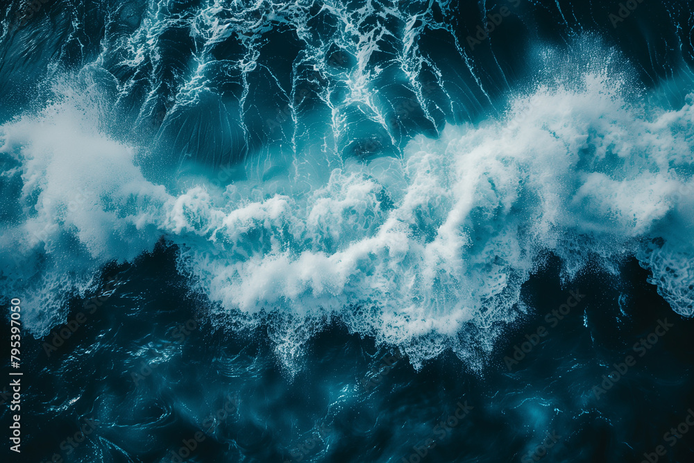 Fototapeta premium Aerial views over crashing sea waves on rocking ocean crop 