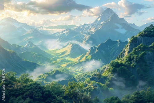 majestic landscape with towering mountains and lush valleys ai generated digital illustration