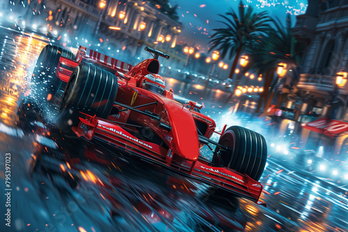 Monaco night race F1 racing car street formula 1 racing high speed banner sports grand prix France, 3d, illustration