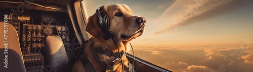 A calm golden retriever sitting upright in an airplane, wearing a harness, gazing curiously at the surroundings photo