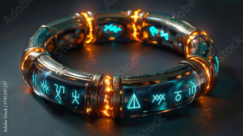 A glowing blue and orange alien artifact with strange symbols