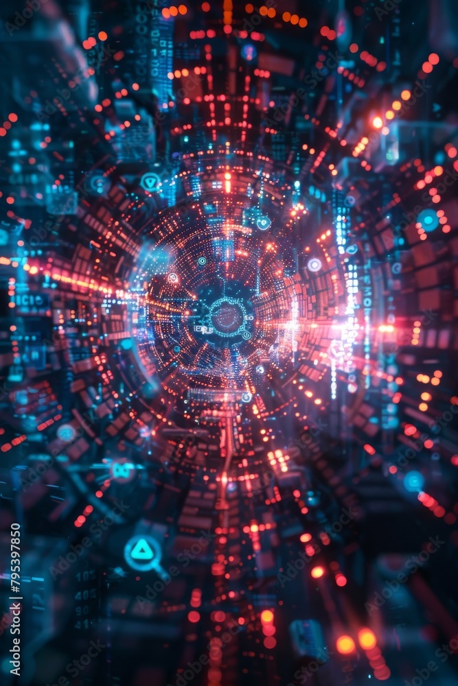 A glowing blue and red circuit board with a glowing white center. A glowing blue and red circuit board with a glowing white center.