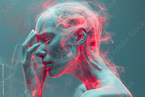 Headache and a person clutches his head, 3d illustration, creative