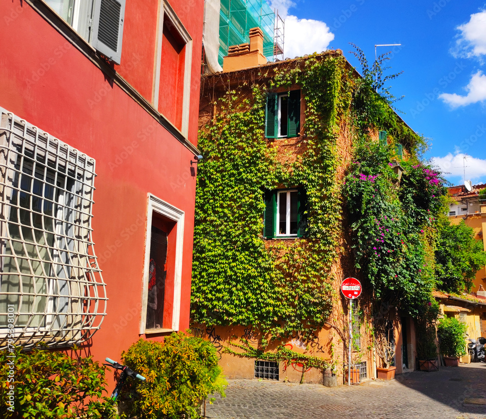 Rome, Vibrant Colored Architecture, with the characteristic facade and windows in Trastevere
