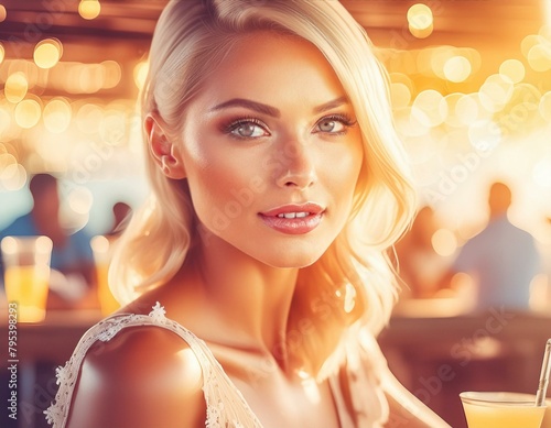 a young beautiful woman in a beach bar