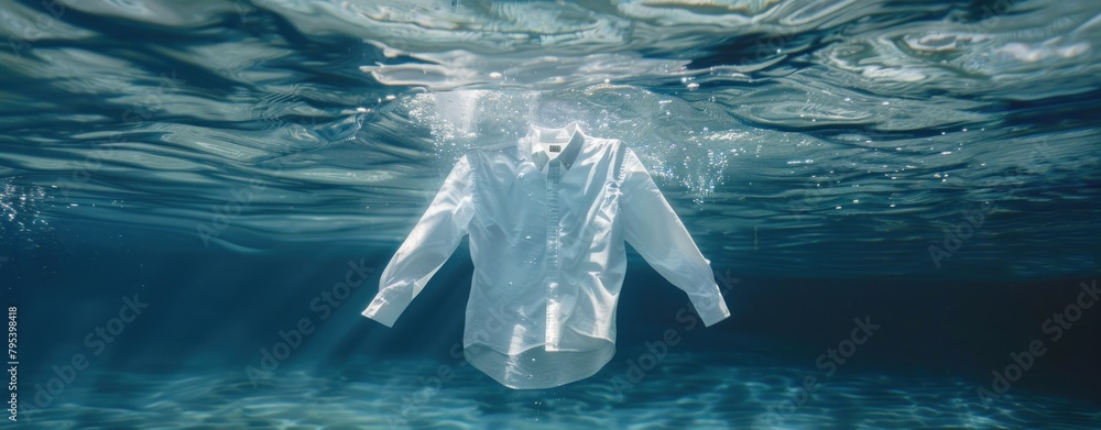 Naklejka premium A white shirt floating underwater, banner design with text space