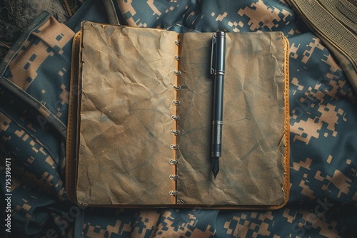 Poetic image of a soldier's journal open to a blank page, pen poised, capturing the unspoken, Memorial Day theme. photo