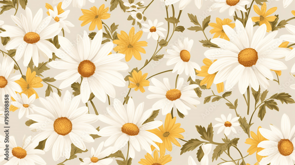 A sunlit meadow showcasing daisies arranged in a seamless 70s-inspired pattern, with each petal capturing the essence of the era. A sunlit meadow showcasing daisies arranged in a seamless 70s-inspired pattern, with each petal capturing the essence of the era.