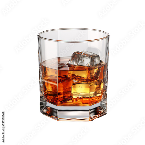 a glass with amber liquid and ice cubes