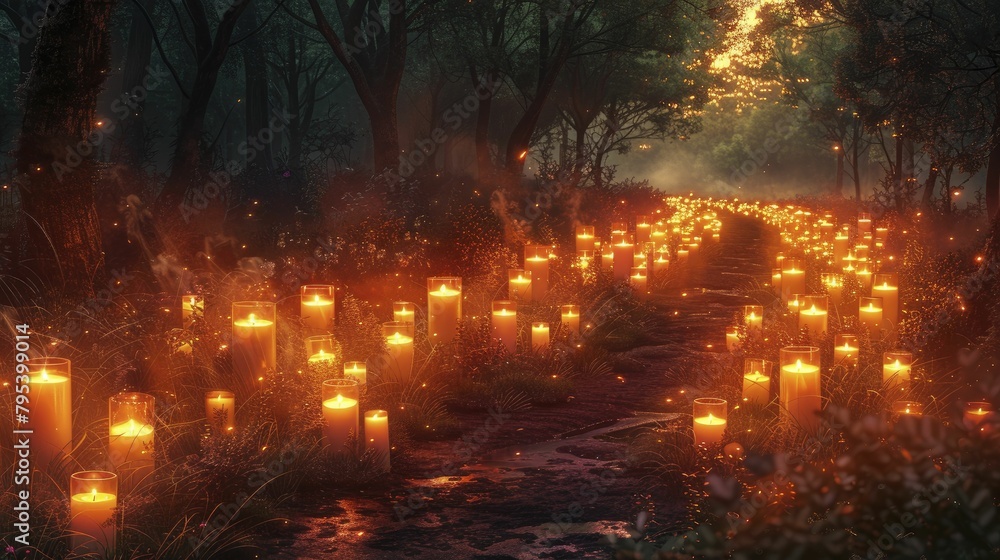 A solemn forest vigil, candles flicker in silence, shadows whisper tales of the fallen on Memorial Day. A solemn forest vigil, candles flicker in silence, shadows whisper tales of the fallen on Memorial Day.
