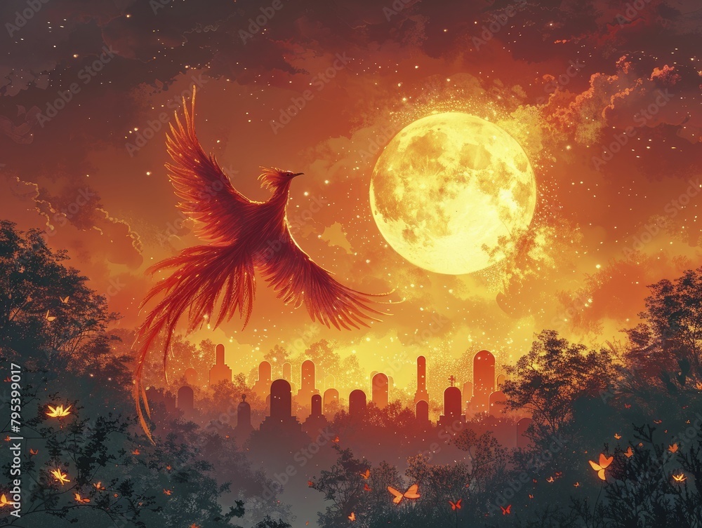 Illustration of a mythical phoenix in flight over a peaceful cemetery, a symbol of hope and renewal on Memorial Day.
